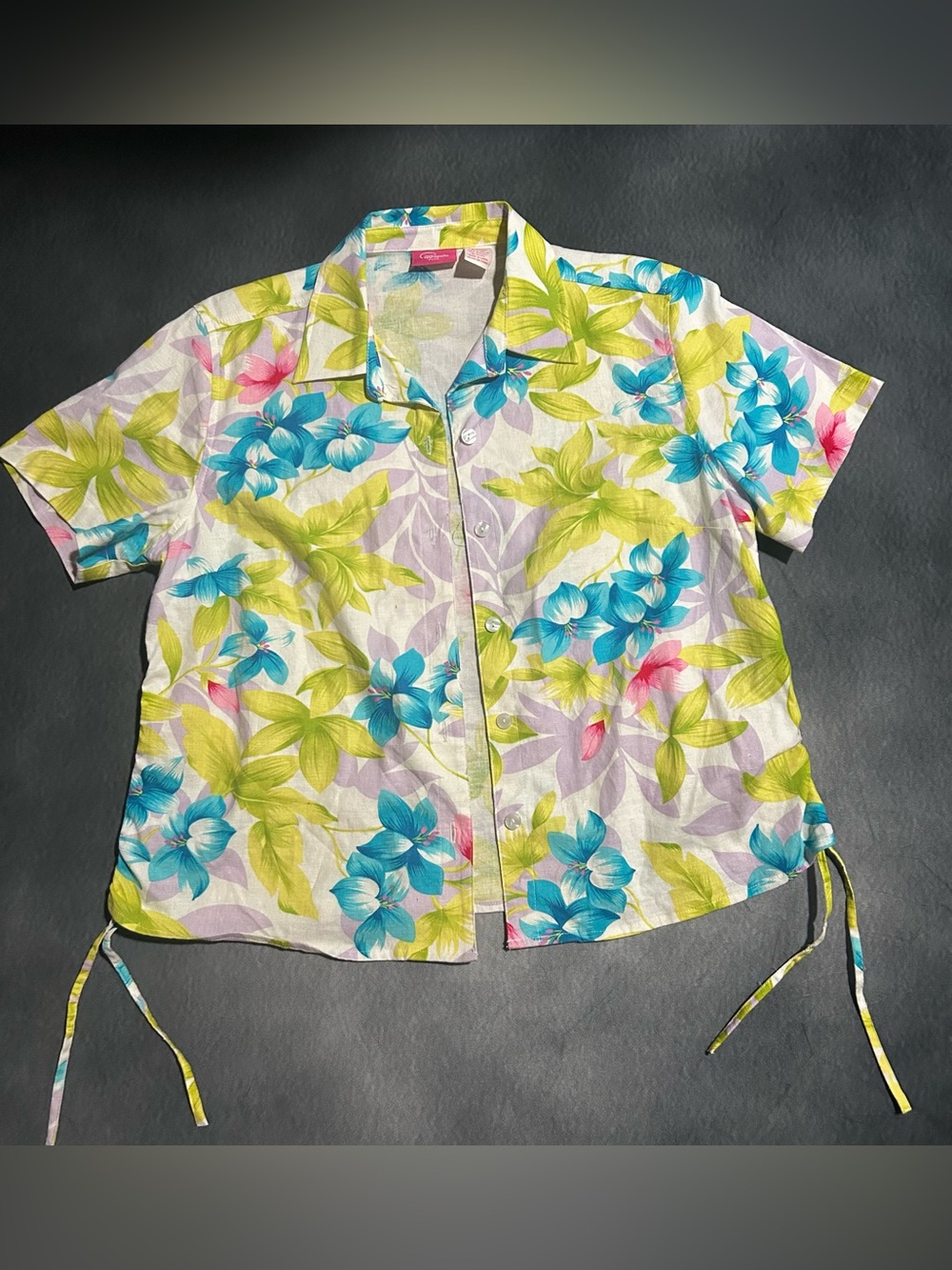 Papagallo Linen Blend Tropical Button up w/ side ties